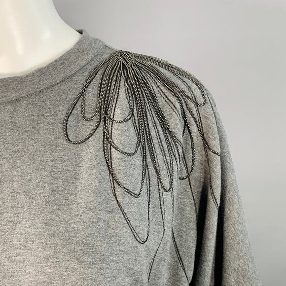 Size S Grey Cotton Blend Jersey Floral Monili Beaded Midi T-shirt Dress - Picture 2 of 7